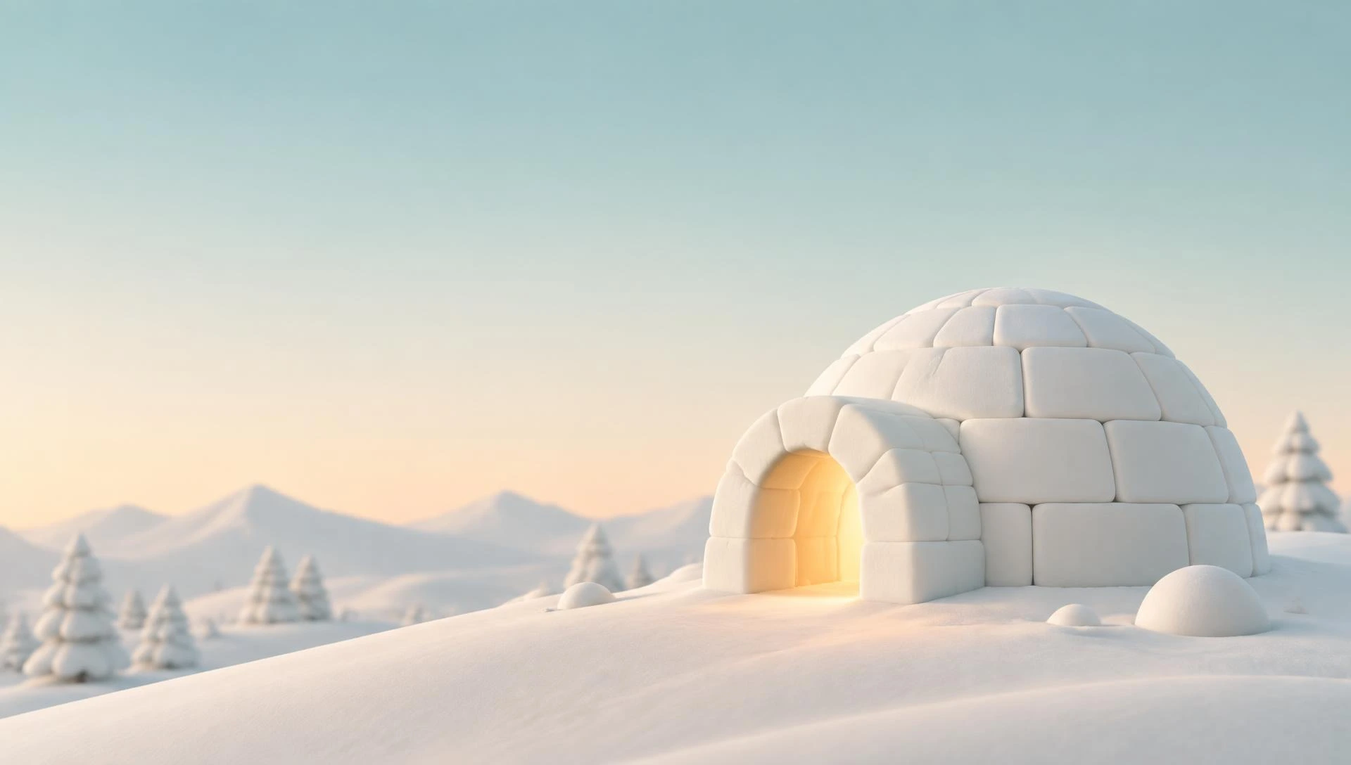 An igloo on a snowy hill, warm light glowing in its doorway
